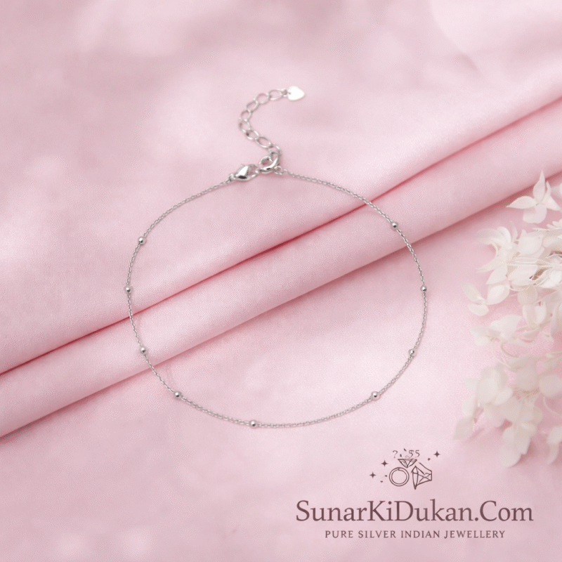 Classic Minimal Silver Anklet with Bead Detailing