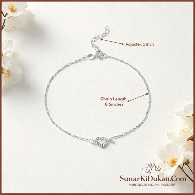 Forever Heart Charm Silver Anklet for Women size guides