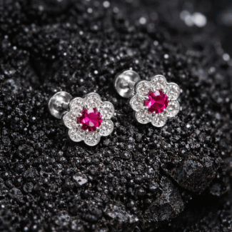 Ruby Flower Design Silver Stud Earrings